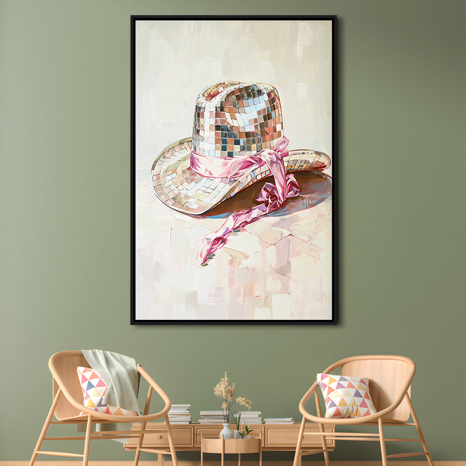 Disco Cowgirl Hat Art Print Disco Ball Glam Cowgirl Hat Pink Preppy, Framed Canvas Print Wall Art, Floating Frame