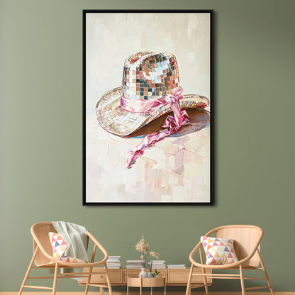 Disco Cowgirl Hat Art Print Disco Ball Glam Cowgirl Hat Pink Preppy, Framed Canvas Print Wall Art, Floating Frame