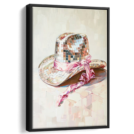 Disco Cowgirl Hat Art Print Disco Ball Glam Cowgirl Hat Pink Preppy, Framed Canvas Print Wall Art, Floating Frame