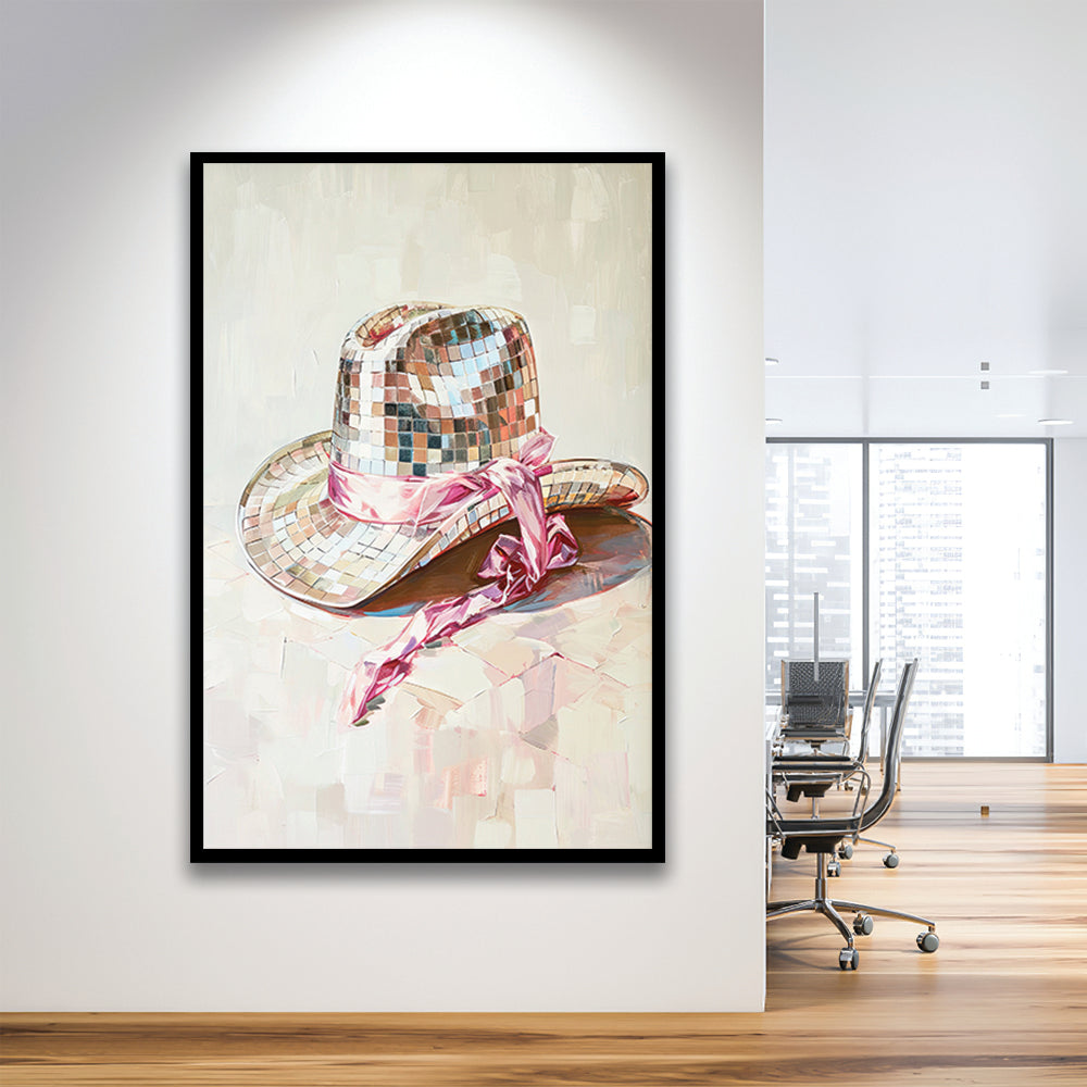 Disco Cowgirl Hat Art Print Disco Ball Glam Cowgirl Hat Pink Preppy, Framed Art Print Wall Decor, Picture Framed