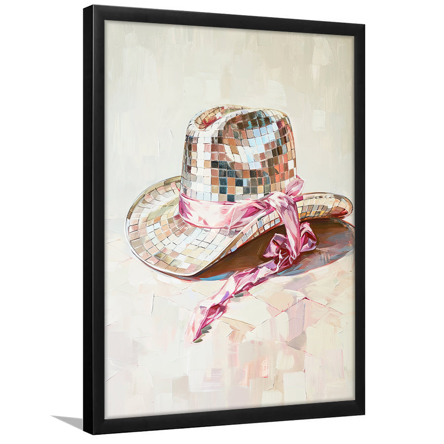 Disco Cowgirl Hat Art Print Disco Ball Glam Cowgirl Hat Pink Preppy, Framed Art Print Wall Decor, Picture Framed