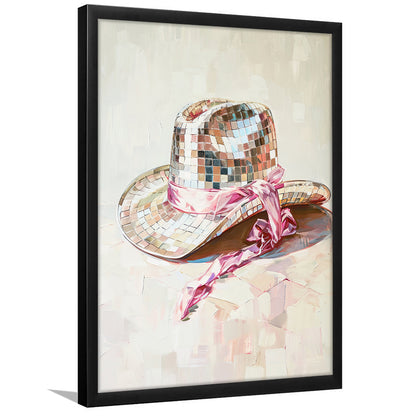 Disco Cowgirl Hat Art Print Disco Ball Glam Cowgirl Hat Pink Preppy, Framed Art Print Wall Decor, Picture Framed