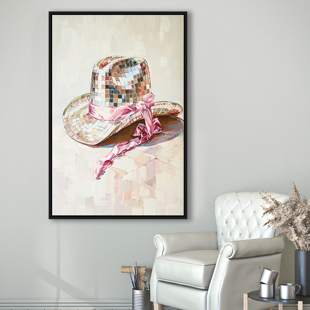 Disco Cowgirl Hat Art Print Disco Ball Glam Cowgirl Hat Pink Preppy, Framed Canvas Print Wall Art, Floating Frame