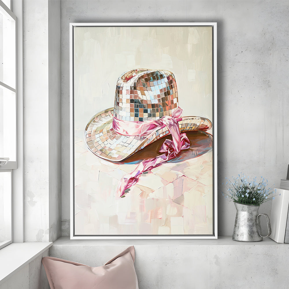 Disco Cowgirl Hat Art Print Disco Ball Glam Cowgirl Hat Pink Preppy, Framed Canvas Print Wall Art, Floating Frame