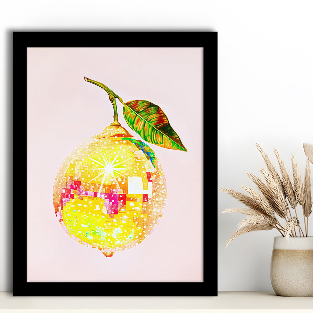 Disco Lemon Art Print,Glam Disco Ball Lemon,Dorm Room,Pink Yellow, Framed Art Print Wall Decor, Picture Framed
