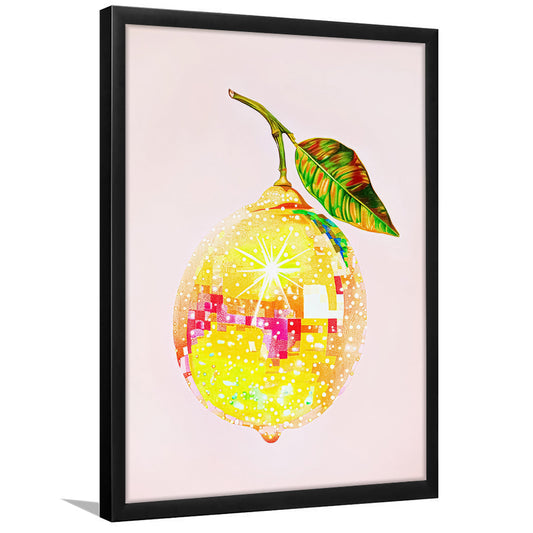 Disco Lemon Art Print,Glam Disco Ball Lemon,Dorm Room,Pink Yellow, Framed Art Print Wall Decor, Picture Framed