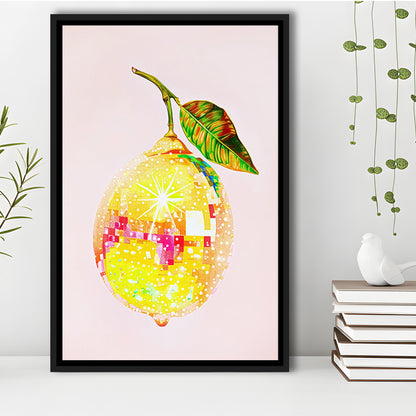 Disco Lemon Art Print,Glam Disco Ball Lemon,Dorm Room,Pink Yellow, Framed Canvas Print Wall Art, Floating Frame