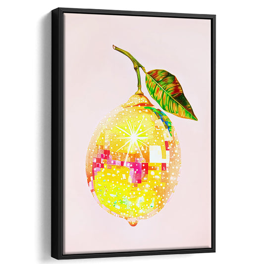 Disco Lemon Art Print,Glam Disco Ball Lemon,Dorm Room,Pink Yellow, Framed Canvas Print Wall Art, Floating Frame