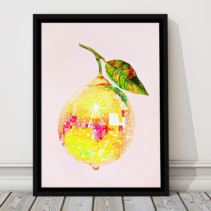 Disco Lemon Art Print,Glam Disco Ball Lemon,Dorm Room,Pink Yellow, Framed Canvas Print Wall Art, Floating Frame