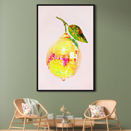 Disco Lemon Art Print,Glam Disco Ball Lemon,Dorm Room,Pink Yellow, Framed Canvas Print Wall Art, Floating Frame