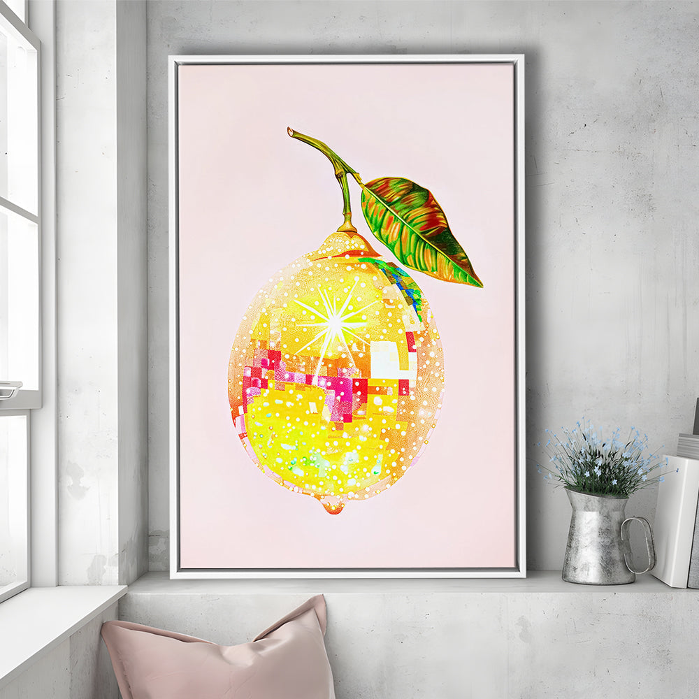 Disco Lemon Art Print,Glam Disco Ball Lemon,Dorm Room,Pink Yellow, Framed Canvas Print Wall Art, Floating Frame