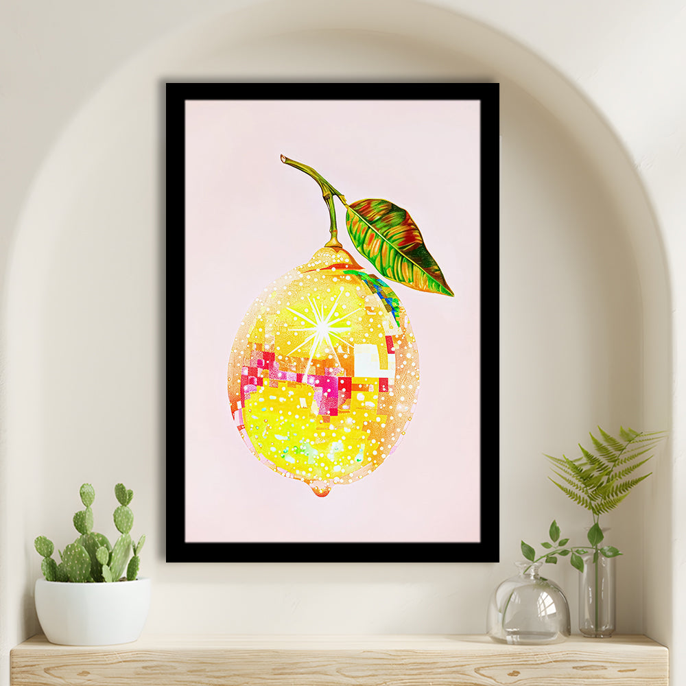 Disco Lemon Art Print,Glam Disco Ball Lemon,Dorm Room,Pink Yellow, Framed Art Print Wall Decor, Picture Framed