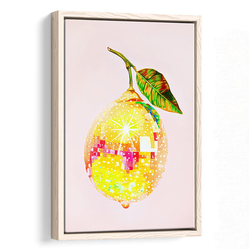Disco Lemon Art Print,Glam Disco Ball Lemon,Dorm Room,Pink Yellow, Framed Canvas Print Wall Art, Floating Frame