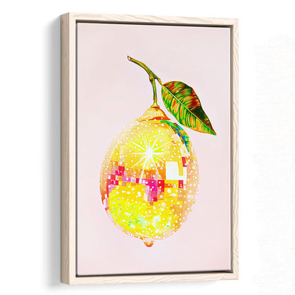 Disco Lemon Art Print,Glam Disco Ball Lemon,Dorm Room,Pink Yellow, Framed Canvas Print Wall Art, Floating Frame