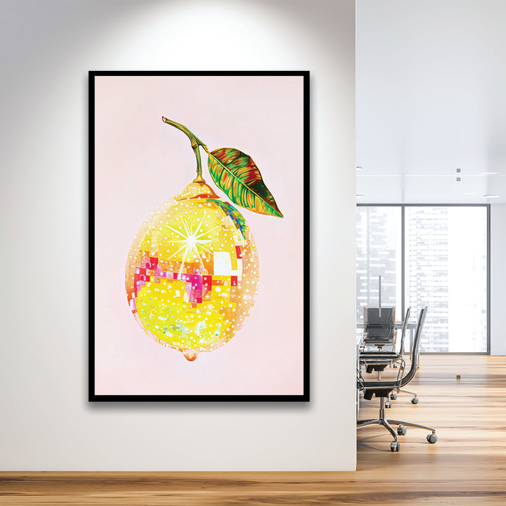 Disco Lemon Art Print,Glam Disco Ball Lemon,Dorm Room,Pink Yellow, Framed Art Print Wall Decor, Picture Framed