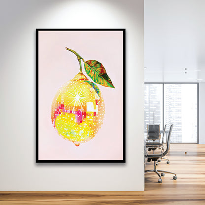 Disco Lemon Art Print,Glam Disco Ball Lemon,Dorm Room,Pink Yellow, Framed Art Print Wall Decor, Picture Framed