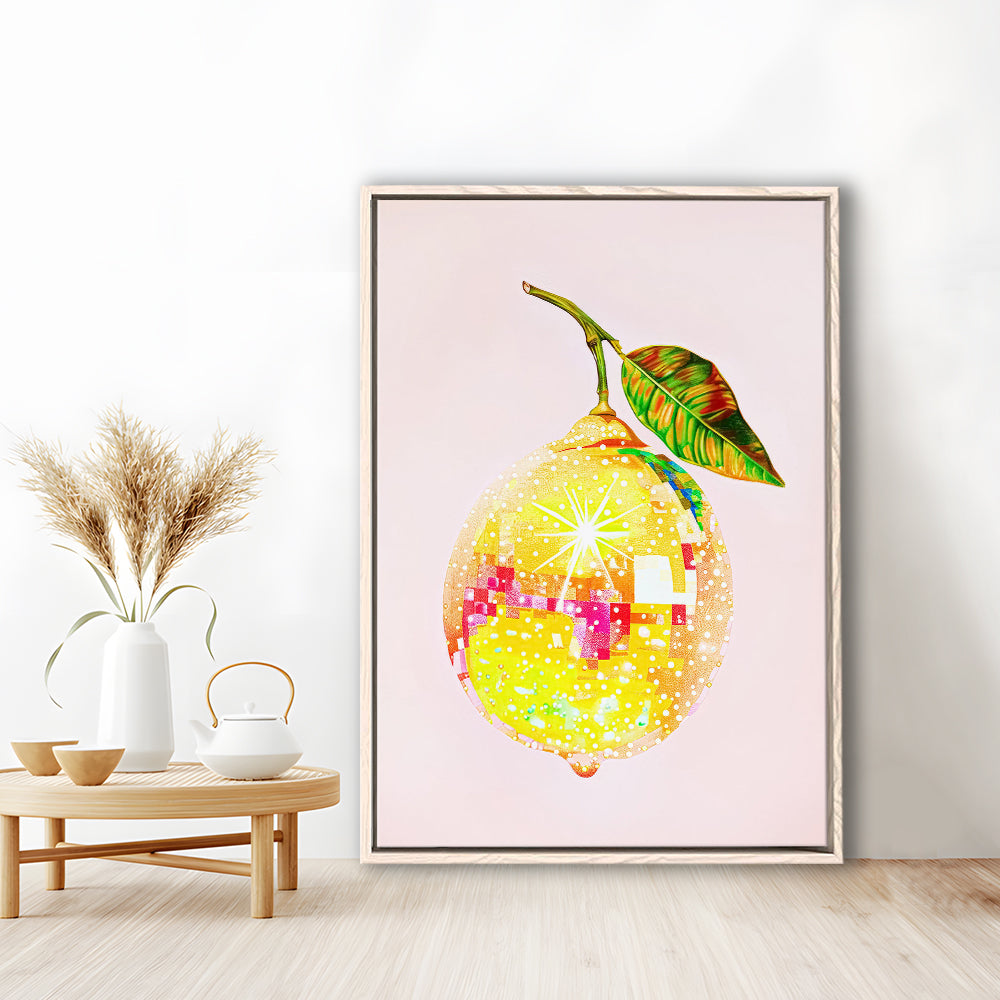 Disco Lemon Art Print,Glam Disco Ball Lemon,Dorm Room,Pink Yellow, Framed Canvas Print Wall Art, Floating Frame