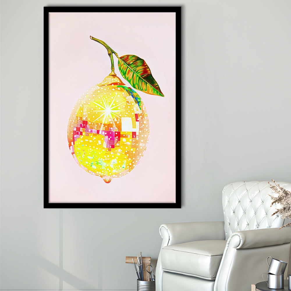 Disco Lemon Art Print,Glam Disco Ball Lemon,Dorm Room,Pink Yellow, Framed Art Print Wall Decor, Picture Framed