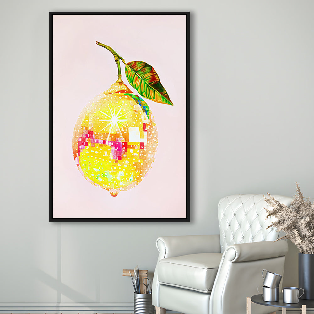 Disco Lemon Art Print,Glam Disco Ball Lemon,Dorm Room,Pink Yellow, Framed Canvas Print Wall Art, Floating Frame