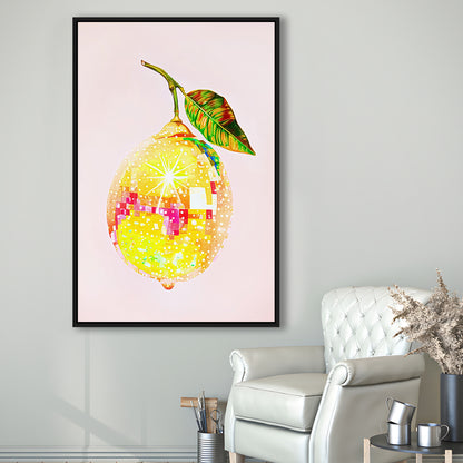 Disco Lemon Art Print,Glam Disco Ball Lemon,Dorm Room,Pink Yellow, Framed Canvas Print Wall Art, Floating Frame
