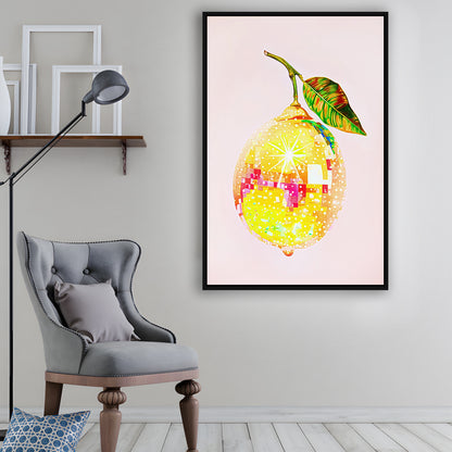 Disco Lemon Art Print,Glam Disco Ball Lemon,Dorm Room,Pink Yellow, Framed Canvas Print Wall Art, Floating Frame