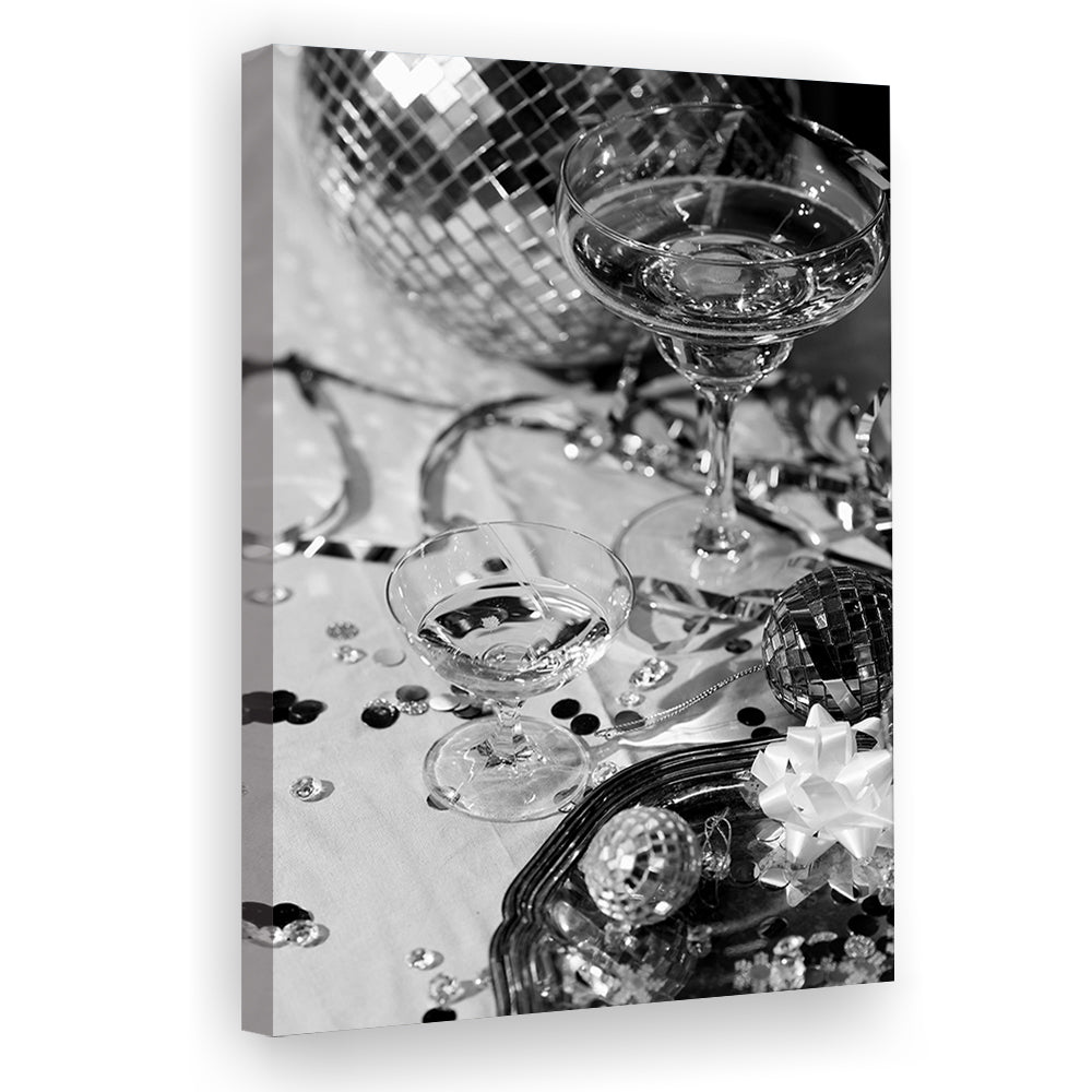 Disco Party Canvas Print Wall Art, Champagne and Mirror Balls, Black and White, Party Room Wall Decor