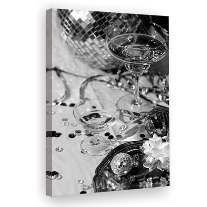 Disco Party Canvas Print Wall Art, Champagne and Mirror Balls, Black and White, Party Room Wall Decor