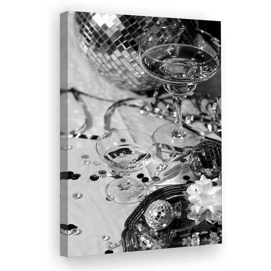 Disco Party Canvas Print Wall Art, Champagne and Mirror Balls, Black and White, Party Room Wall Decor