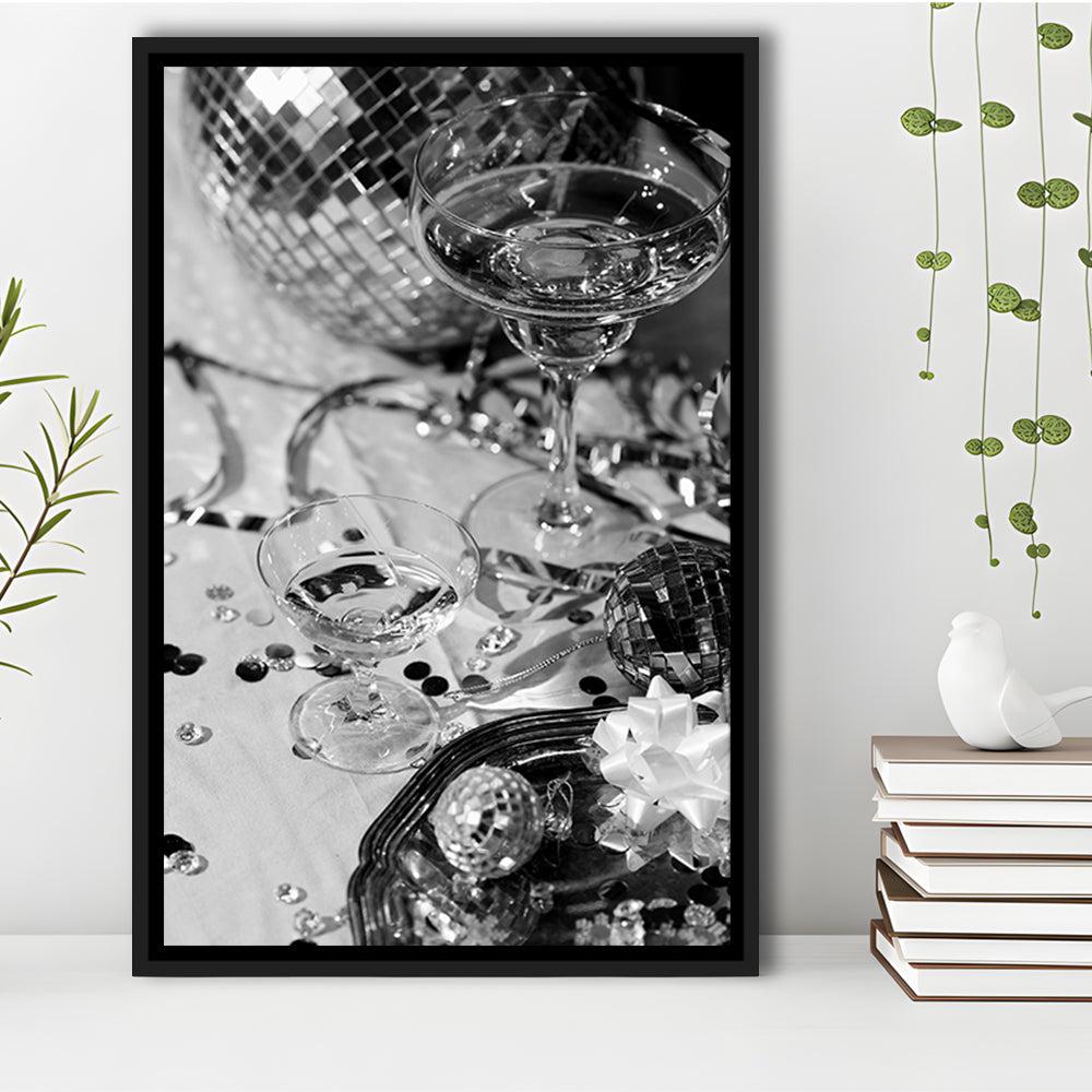 Disco Party Framed Canvas Print Wall Art, Champagne and Mirror Balls, Black and White, Party Room Wall Decor