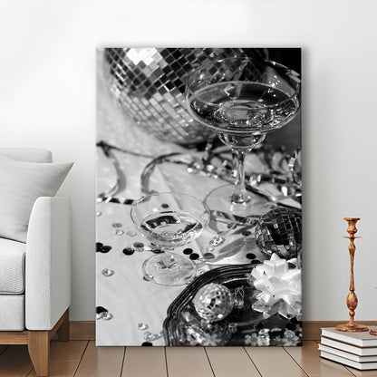 Disco Party Canvas Print Wall Art, Champagne and Mirror Balls, Black and White, Party Room Wall Decor