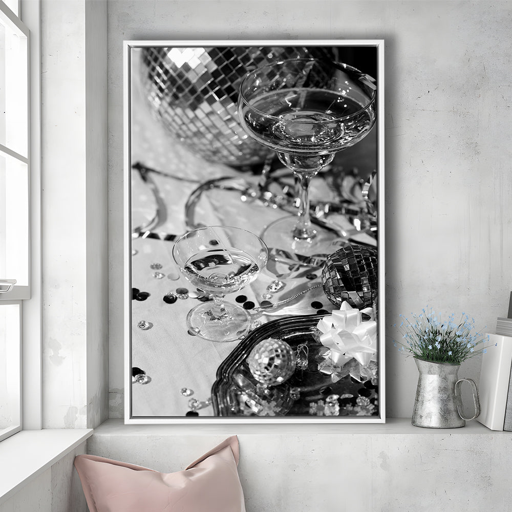 Disco Party Framed Canvas Print Wall Art, Champagne and Mirror Balls, Black and White, Party Room Wall Decor