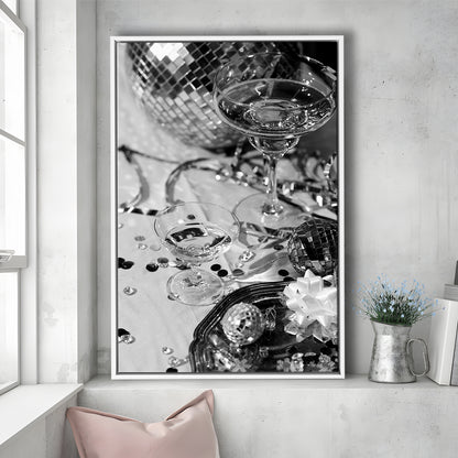 Disco Party Framed Canvas Print Wall Art, Champagne and Mirror Balls, Black and White, Party Room Wall Decor