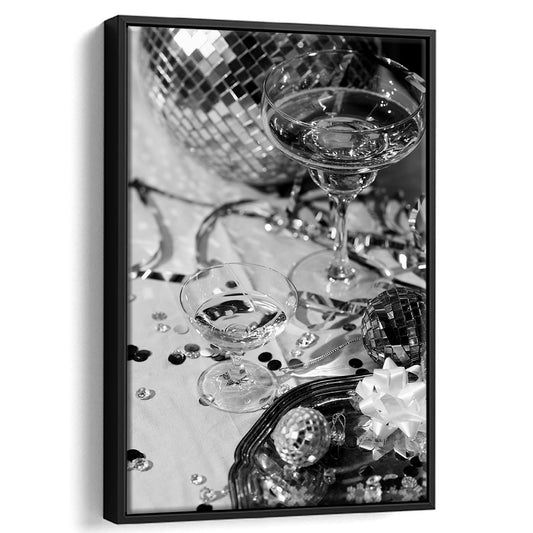 Disco Party Framed Canvas Print Wall Art, Champagne and Mirror Balls, Black and White, Party Room Wall Decor