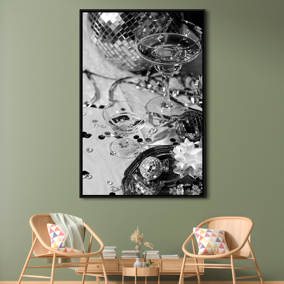 Disco Party Framed Canvas Print Wall Art, Champagne and Mirror Balls, Black and White, Party Room Wall Decor