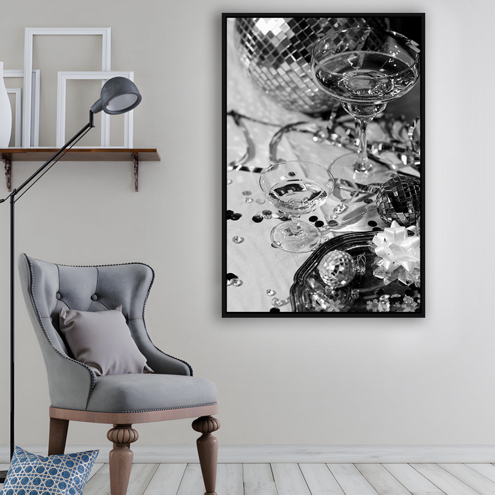 Disco Party Framed Canvas Print Wall Art, Champagne and Mirror Balls, Black and White, Party Room Wall Decor