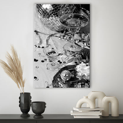 Disco Party Canvas Print Wall Art, Champagne and Mirror Balls, Black and White, Party Room Wall Decor