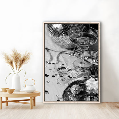 Disco Party Framed Canvas Print Wall Art, Champagne and Mirror Balls, Black and White, Party Room Wall Decor