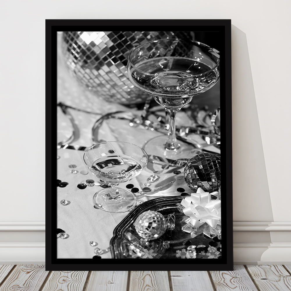 Disco Party Framed Canvas Print Wall Art, Champagne and Mirror Balls, Black and White, Party Room Wall Decor