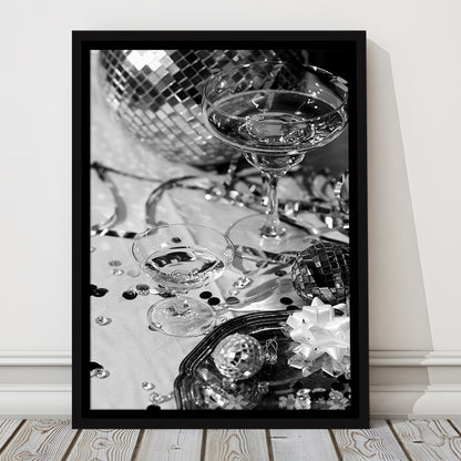 Disco Party Framed Canvas Print Wall Art, Champagne and Mirror Balls, Black and White, Party Room Wall Decor