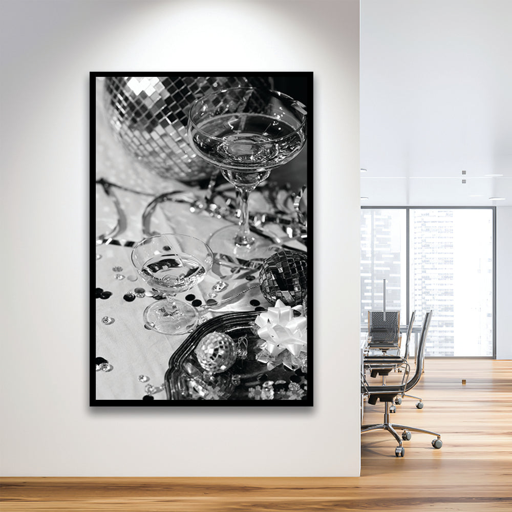 Disco Party Framed Art Print Wall Decor, Champagne and Mirror Balls, Black and White, Party Room Wall Decor
