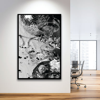 Disco Party Framed Art Print Wall Decor, Champagne and Mirror Balls, Black and White, Party Room Wall Decor
