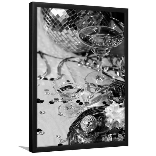 Disco Party Framed Art Print Wall Decor, Champagne and Mirror Balls, Black and White, Party Room Wall Decor