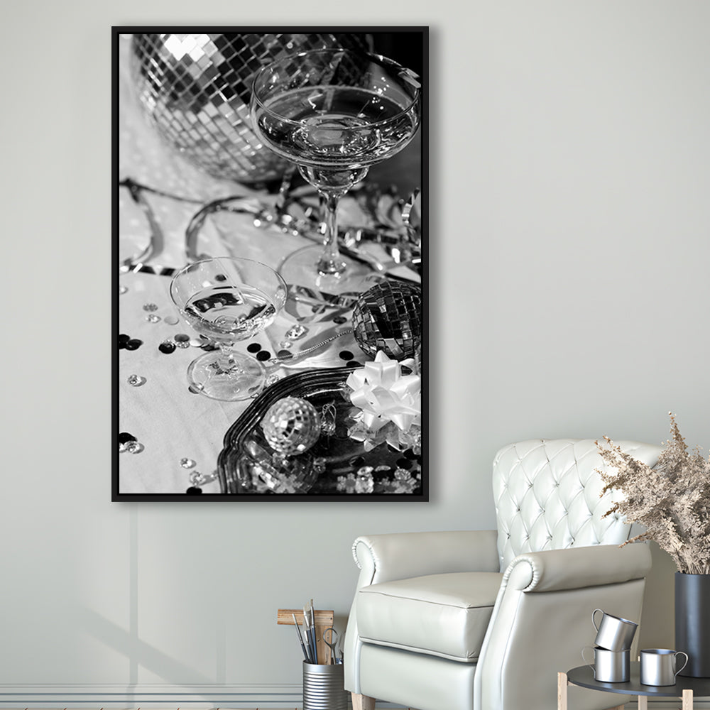 Disco Party Framed Canvas Print Wall Art, Champagne and Mirror Balls, Black and White, Party Room Wall Decor