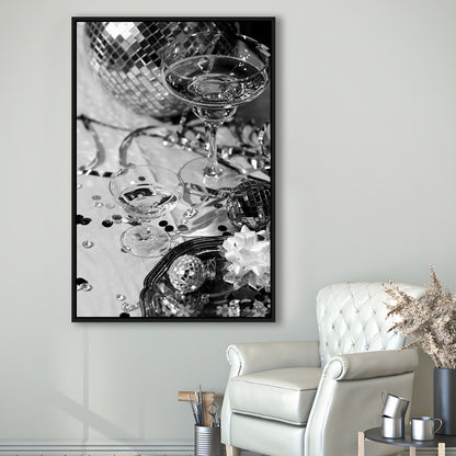 Disco Party Framed Canvas Print Wall Art, Champagne and Mirror Balls, Black and White, Party Room Wall Decor