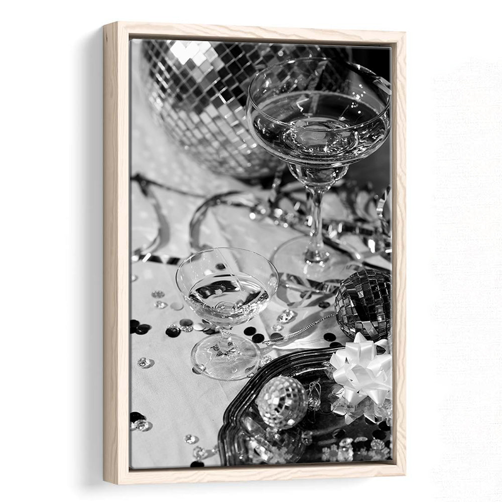 Disco Party Framed Canvas Print Wall Art, Champagne and Mirror Balls, Black and White, Party Room Wall Decor