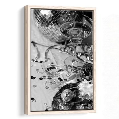 Disco Party Framed Canvas Print Wall Art, Champagne and Mirror Balls, Black and White, Party Room Wall Decor