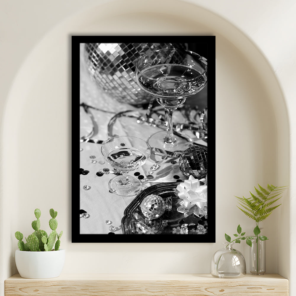 Disco Party Framed Art Print Wall Decor, Champagne and Mirror Balls, Black and White, Party Room Wall Decor