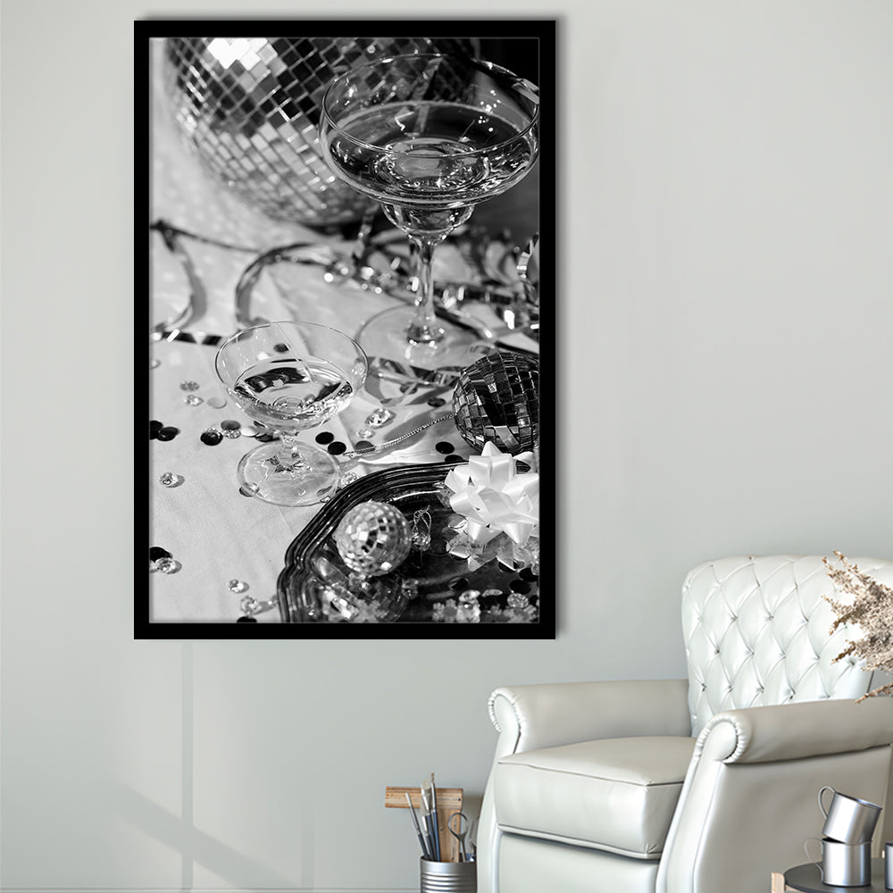 Disco Party Framed Art Print Wall Decor, Champagne and Mirror Balls, Black and White, Party Room Wall Decor