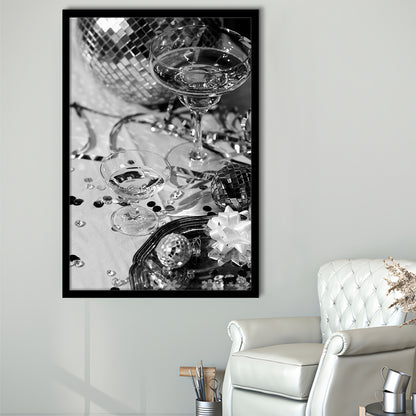 Disco Party Framed Art Print Wall Decor, Champagne and Mirror Balls, Black and White, Party Room Wall Decor