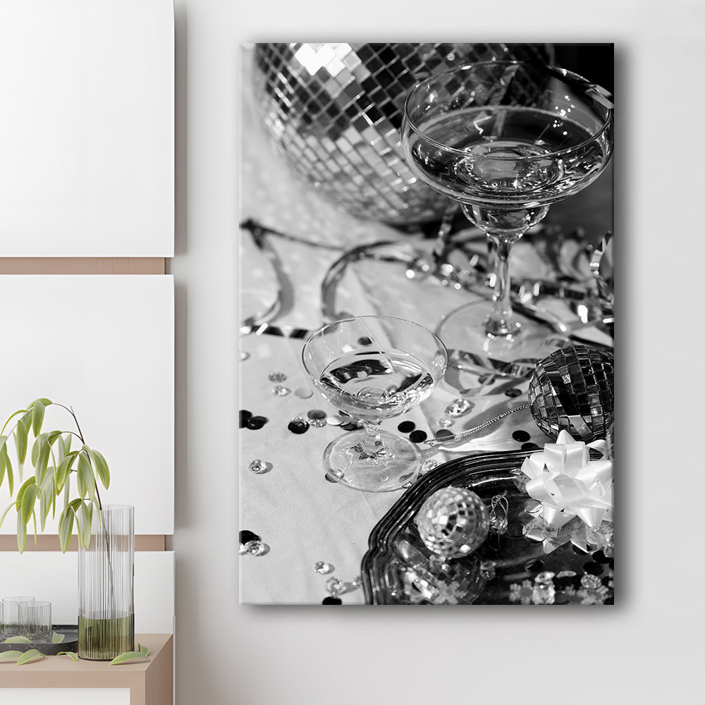 Disco Party Canvas Print Wall Art, Champagne and Mirror Balls, Black and White, Party Room Wall Decor